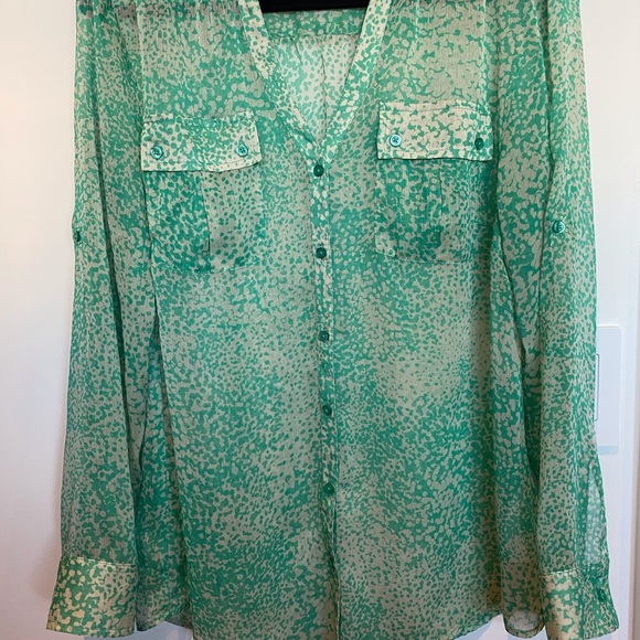 Sheer chiffon green and beige print blouse - Picture 1 of 3